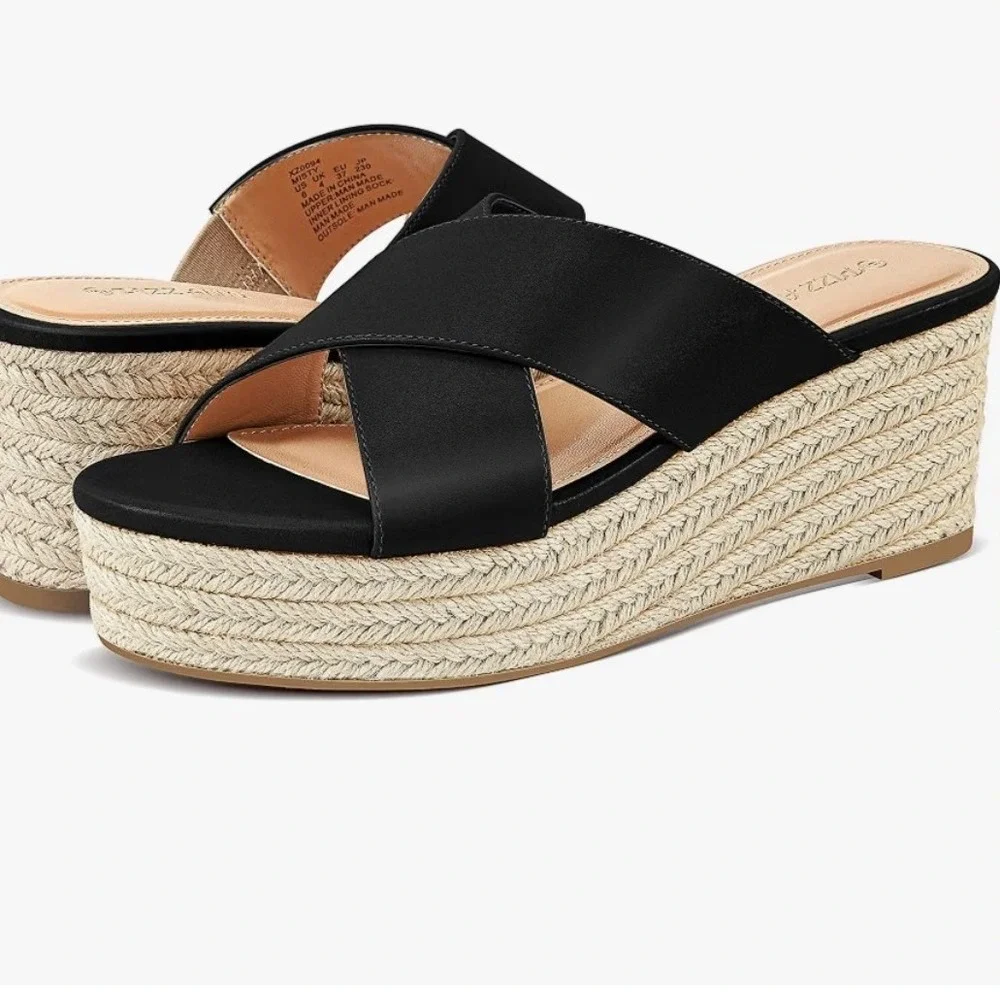 PIZZ ANNU Wedge Sandals Women 9.5 Black Cross Band Espadrille Platform XZ0